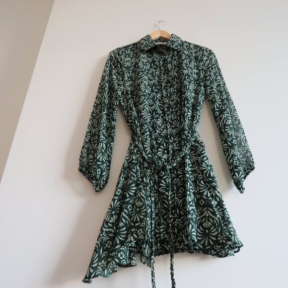 ZARA Sheer Leaf Print Belted Button Front Dress in Forest Green Boho - Size S - Picture 11 of 16